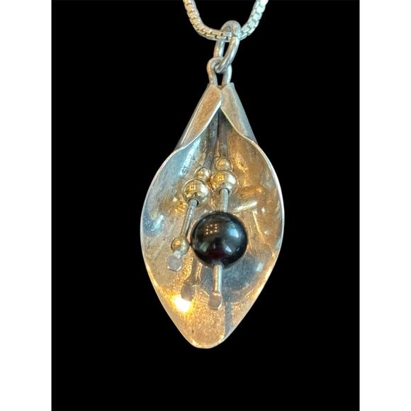 MCM Modernist Sterling & Blk Onyx Pendant With A Vtg 16” Box Chain - Picture 3 of 6